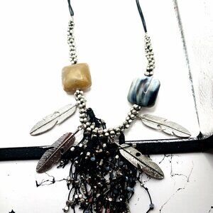 Boho Silvertone Feather +Large Beaded Necklace